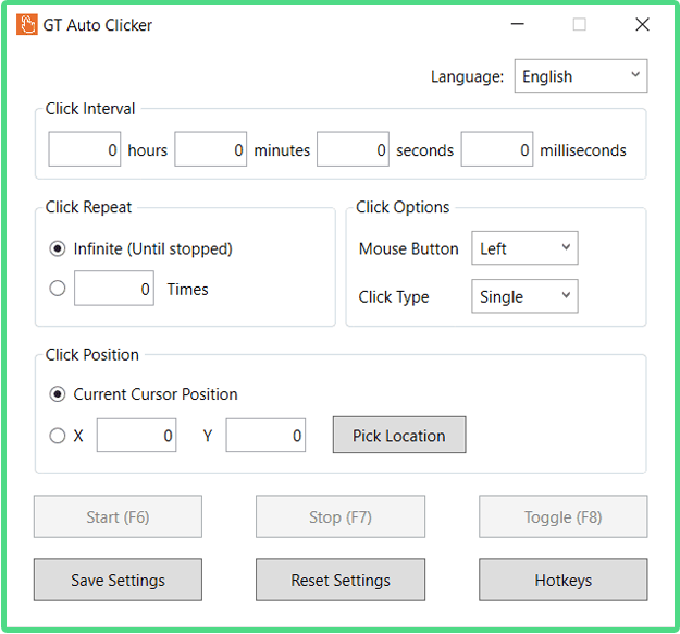 GT Auto Clicker program interface