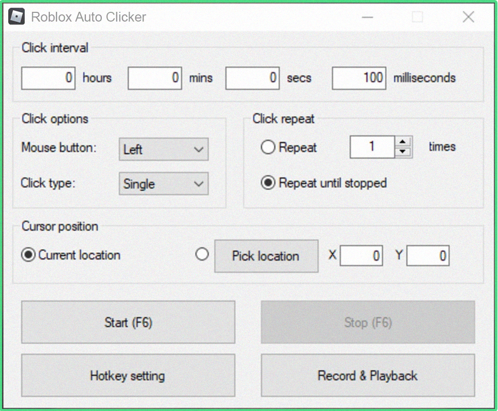 Roblox Auto Clicker program interface