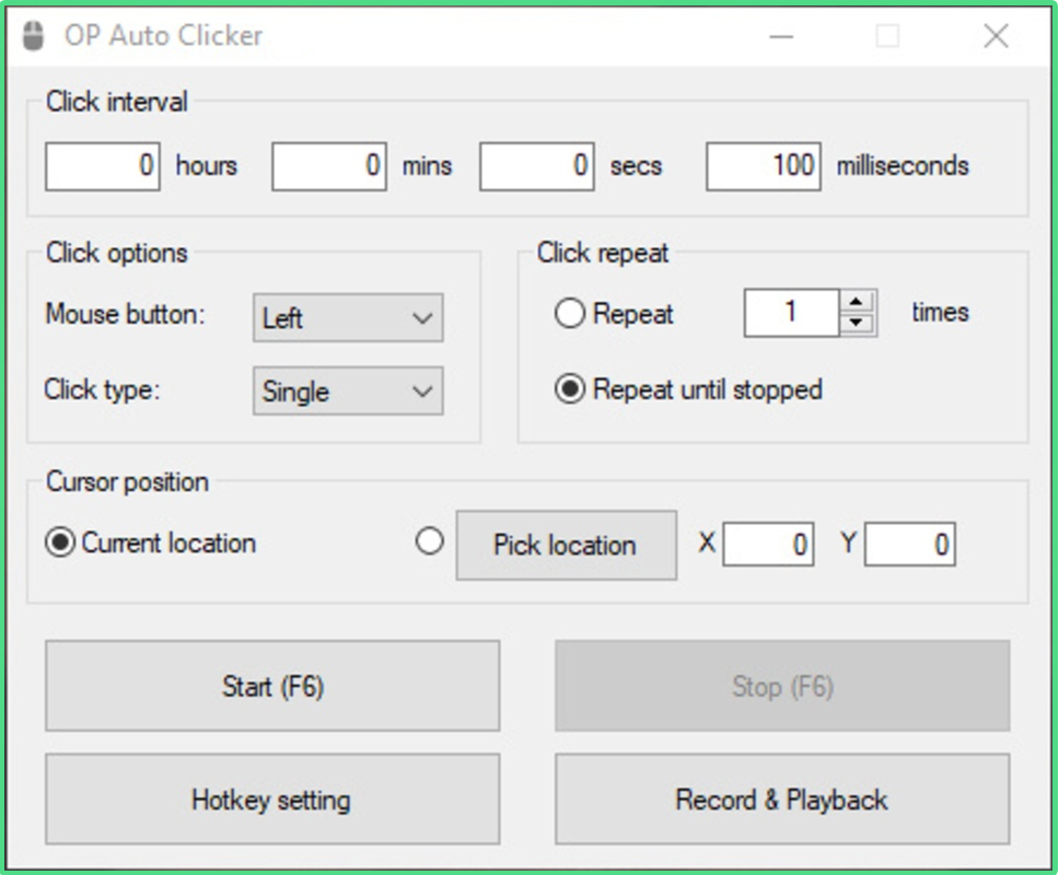 OP Auto Clicker program interface